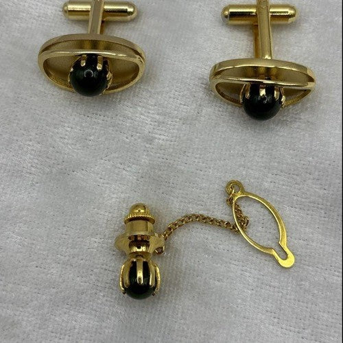 Gold-tone cufflinks and tie tack with green cabochons in a Tug's presentation box, view 3