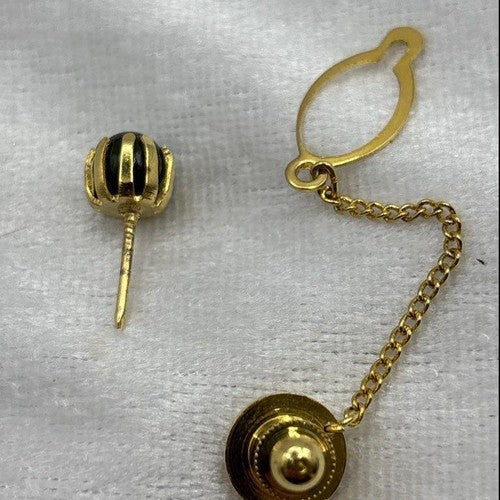 Gold-tone cufflinks and tie tack with green cabochons in a Tug's presentation box, view 5