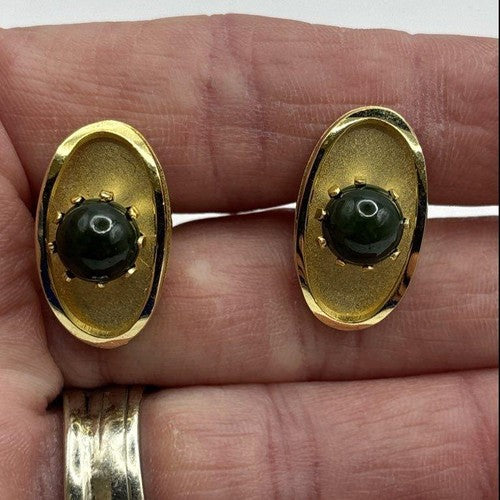 Vintage Tug's Gold Tone Cufflinks and Tie Tack Set Green Cabochon in Box