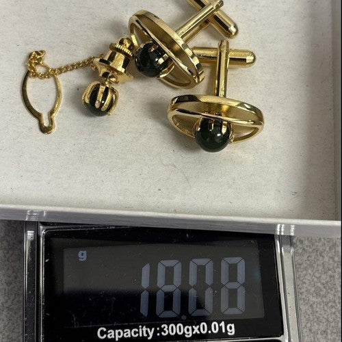 Gold-tone cufflinks and tie tack with green cabochons in a Tug's presentation box, view 10