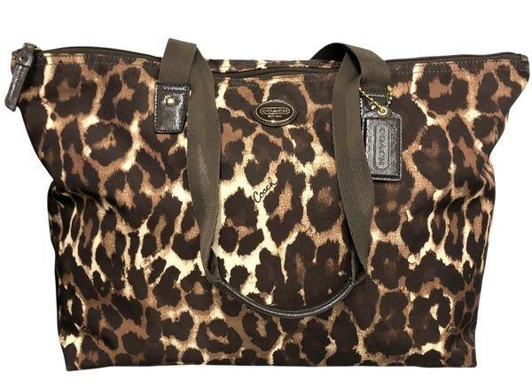 Coach brown leopard print nylon packable weekender tote with matching zip pouch, view 2