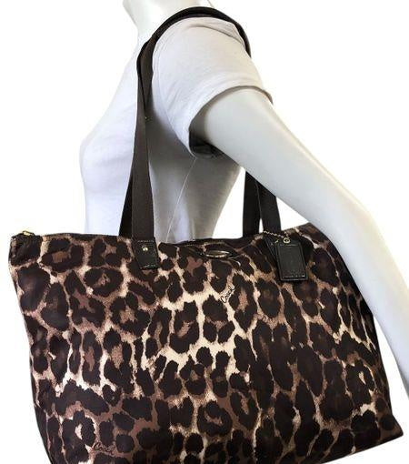 Coach brown leopard print nylon packable weekender tote with matching zip pouch, view 8