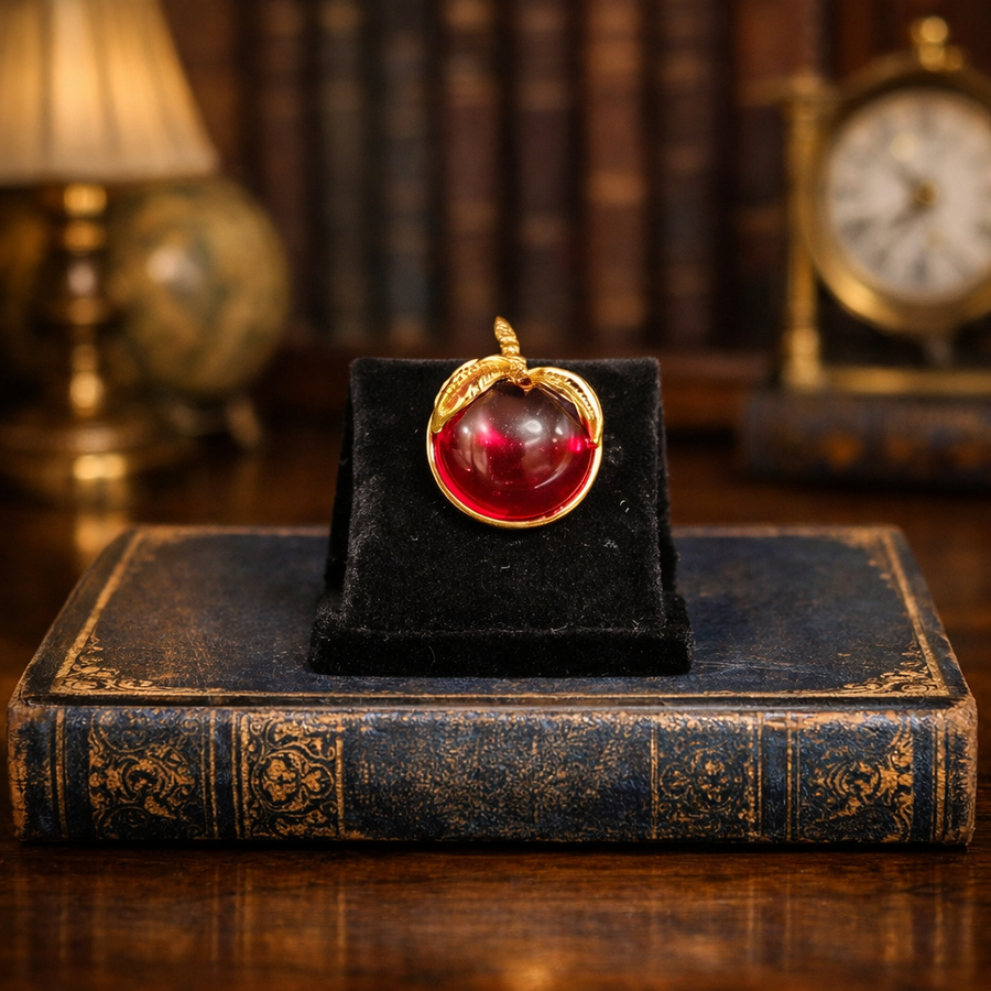 Signed Sarah Coventry gold-tone apple brooch with translucent red domed center