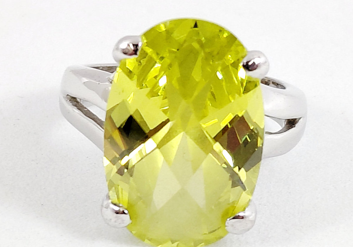 Silver-tone split-shank ring with large oval lime green stone, view 2