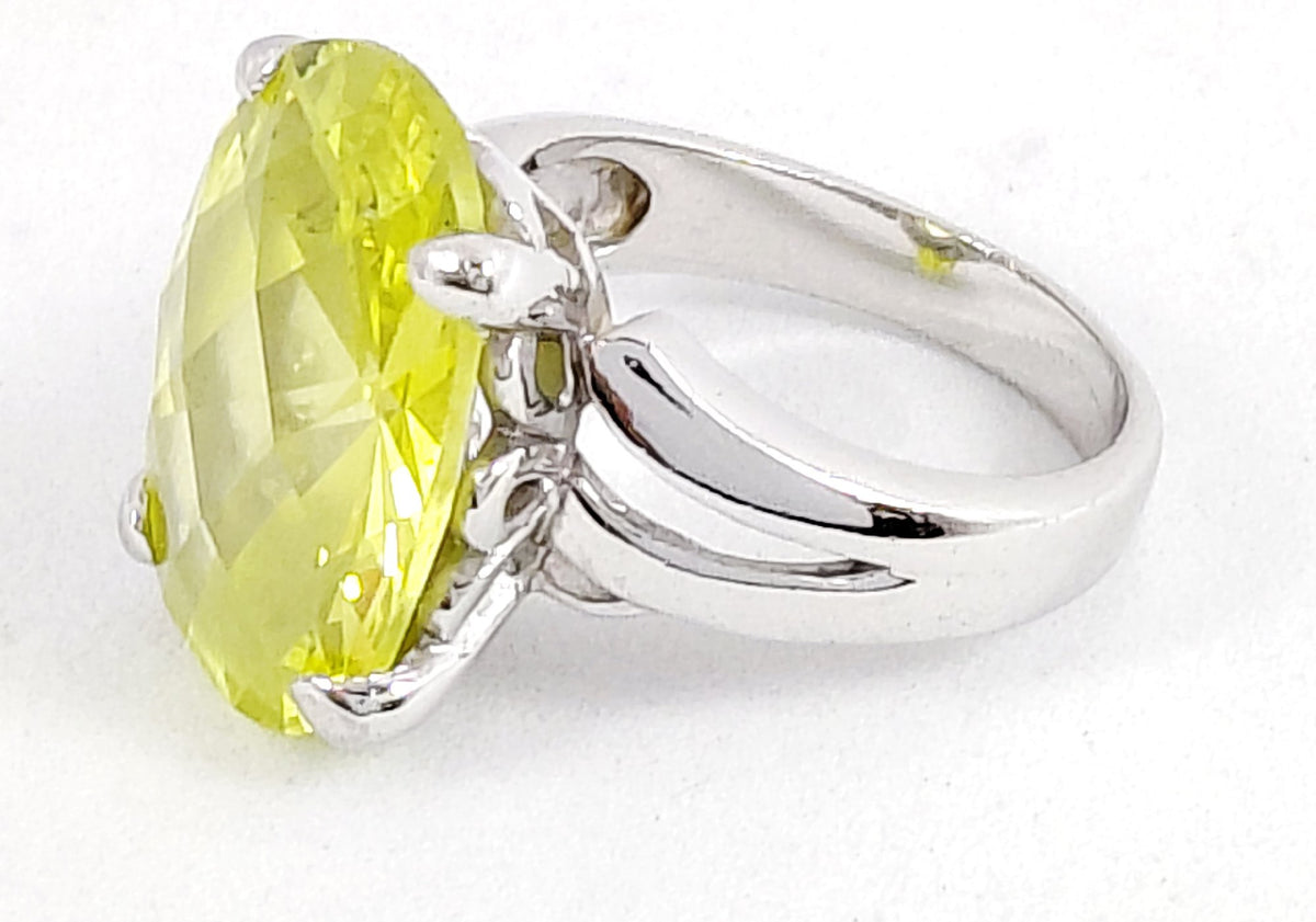 Silver-tone split-shank ring with large oval lime green stone, view 4