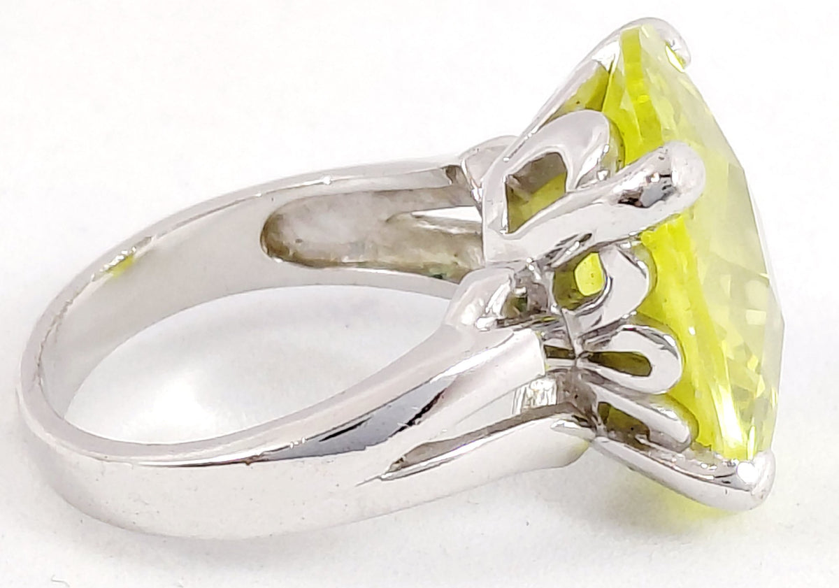 Silver-tone split-shank ring with large oval lime green stone, view 5