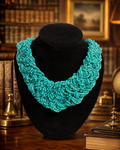 Turquoise Blue Beaded Bib Collar Necklace with Woven Design