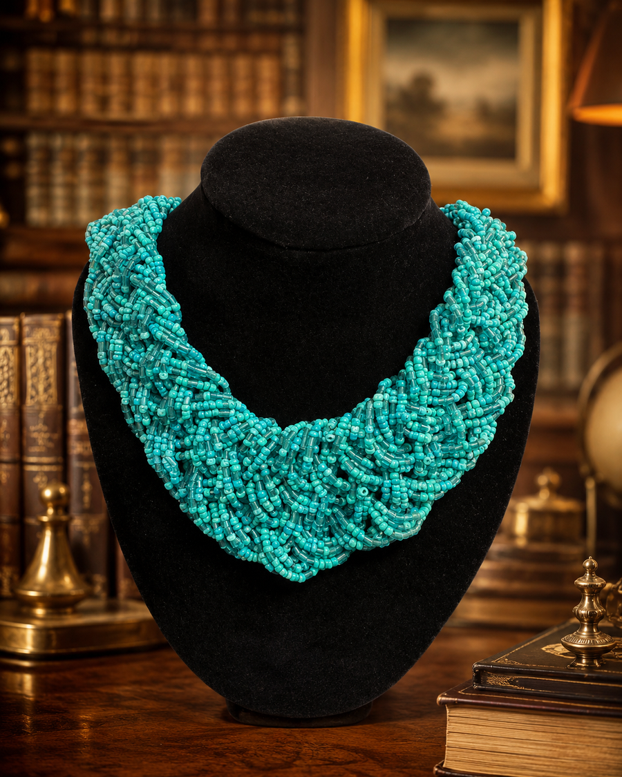 Turquoise blue woven beaded bib collar necklace