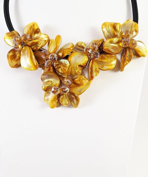 Silvertone Wire-Wrapped Yellow Mother of Pearl Flower Statement Necklace