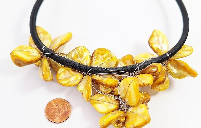Silvertone Wire-Wrapped Yellow Mother of Pearl Flower Statement Necklace