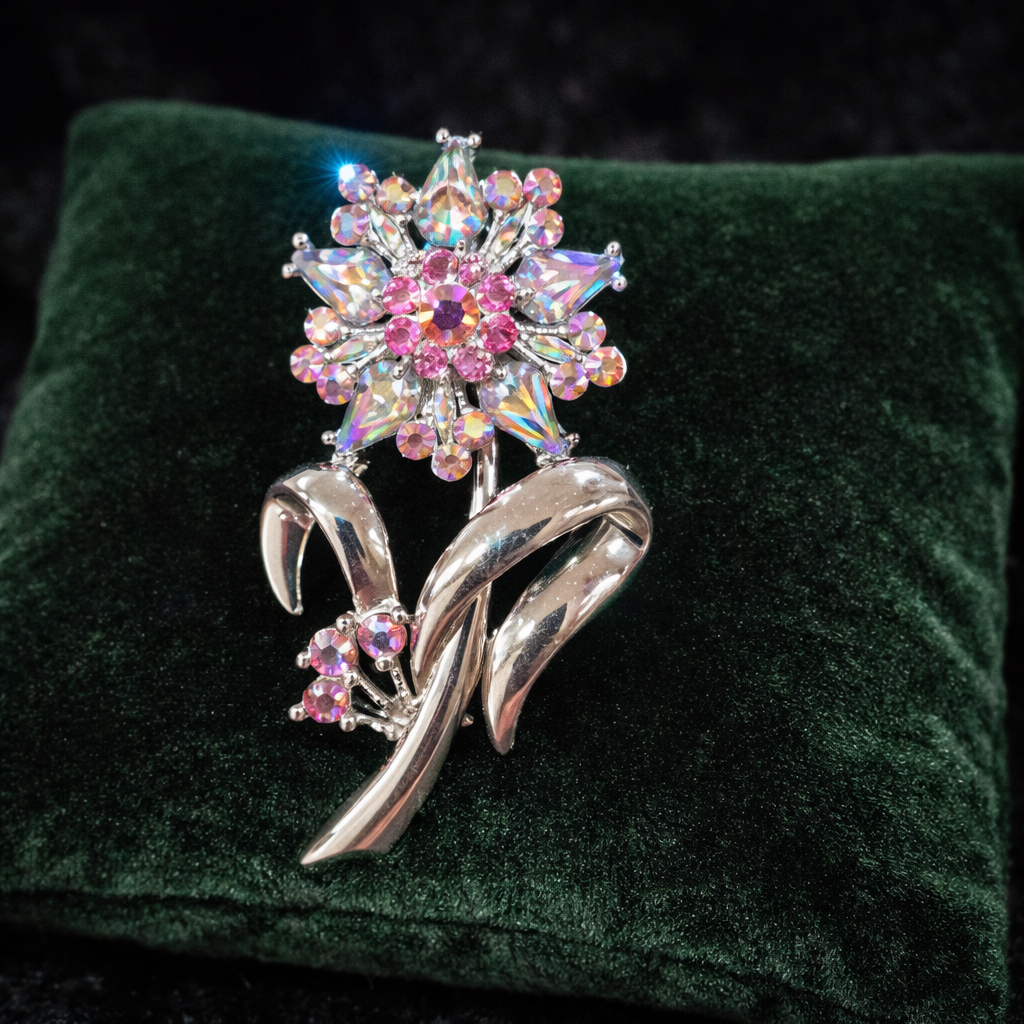 Vintage Silver Tone UV Reactive Flower Brooch with Multi-Colored Rhinestones, Aurora Borealis Sparkle, Retro Floral Statement Pin