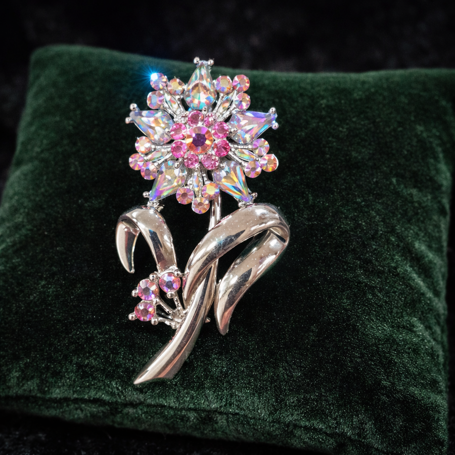 Silver-tone flower spray brooch with multicolor aurora borealis rhinestones