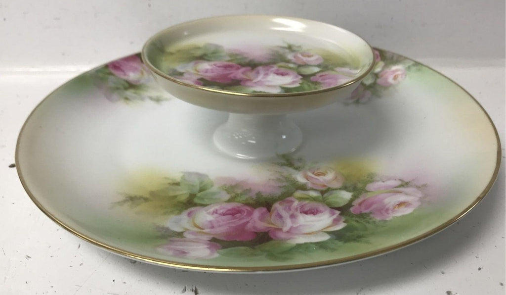 Schwarzburg Germany Pink Rose Two-Tier Appetizer Serving Dish