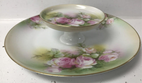 1904–1924 Schwarzburg Germany Pink Rose Two-Tier Appetizer Serving Dish