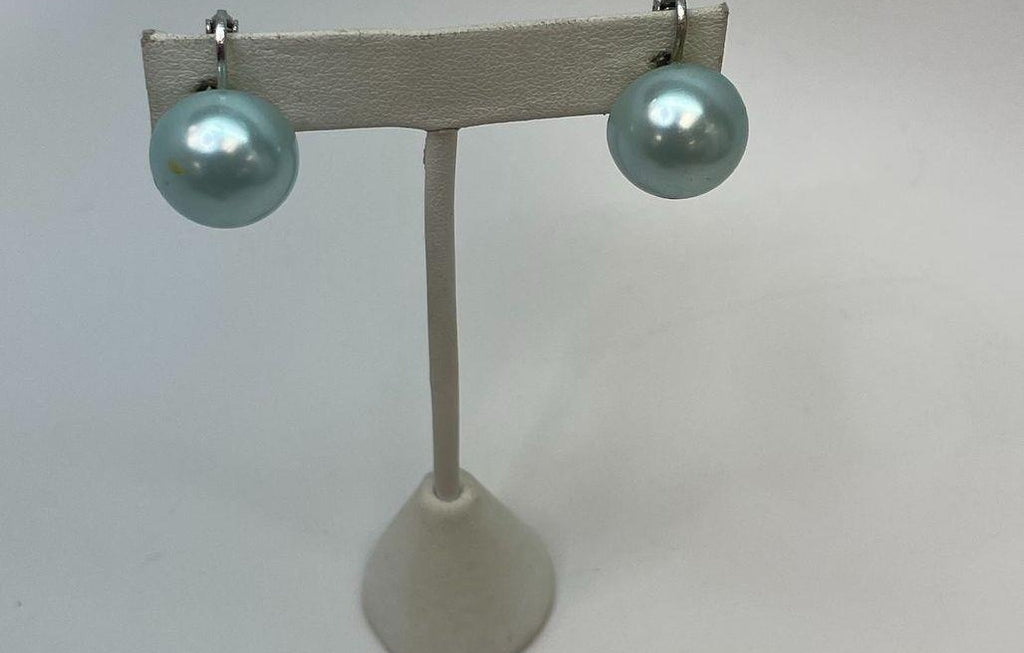Marvella Light Blue Faux Pearl Clip-On Earrings Gold Tone | Vintage Designer Button Earrings 7.7g