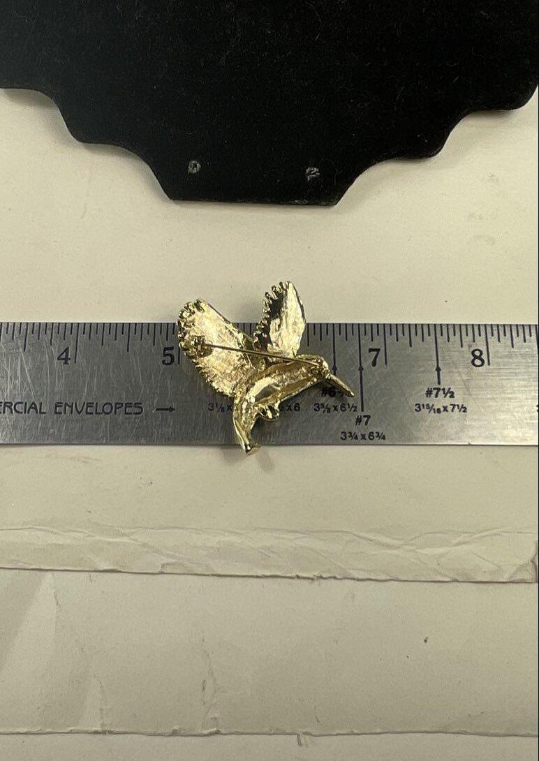 Vintage Gold Tone Hummingbird Brooch Pin with Green & Blue Enamel | Colorful Glass Gem Figural Bird Jewelry