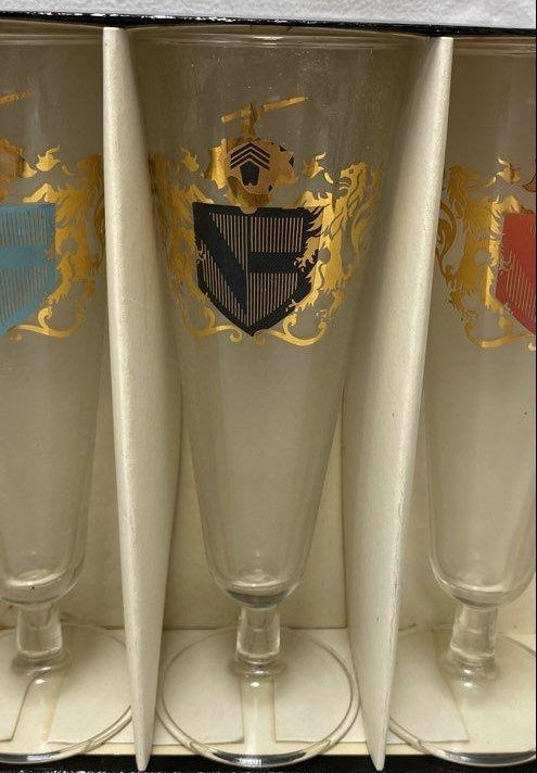 Vintage 1968 Federal Glass Camelot Coat of Arms Pilsner Glasses Boxed Set of 4