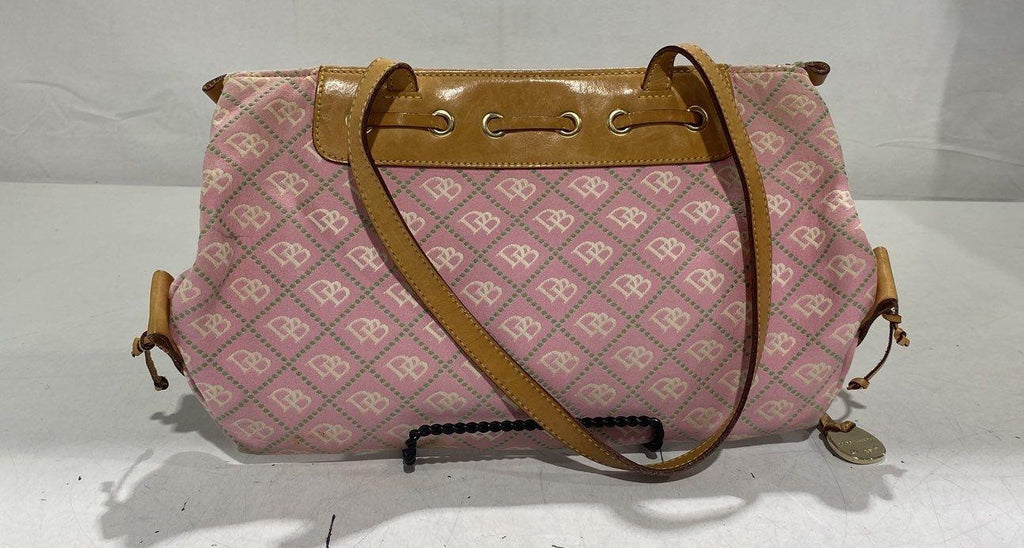 Early 2000s Dooney & Bourke Pink Signature DB Canvas Barrel Shoulder Bag