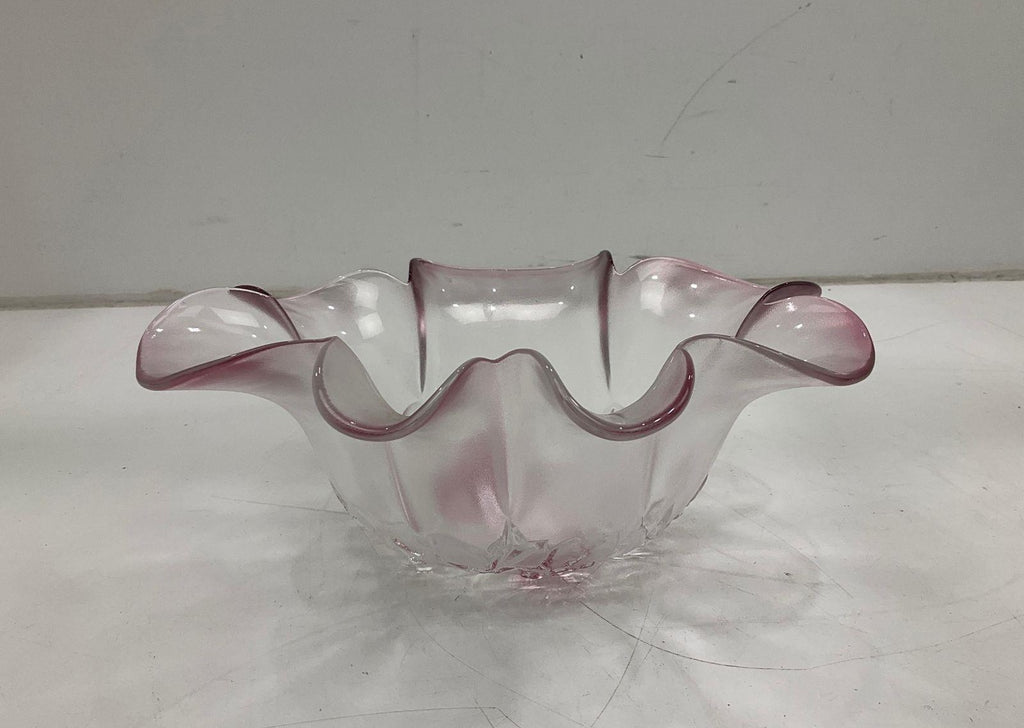Vintage Pink Swirl Art Glass Flower Bowl Ruffled Petal Centerpiece Dish