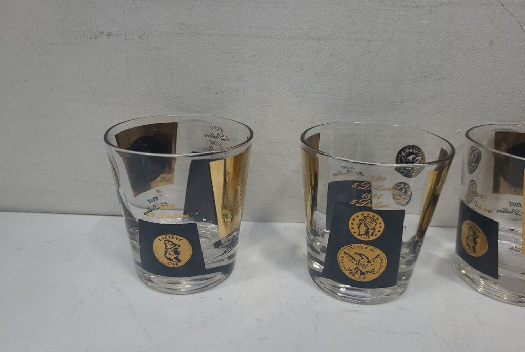 1960s Coin Barware Glasses Set of 6 – Gold & Black