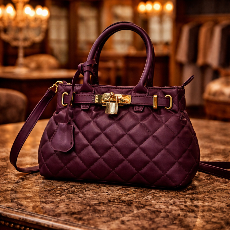 Purple quilted satchel with gold-tone front lock and belted accent
