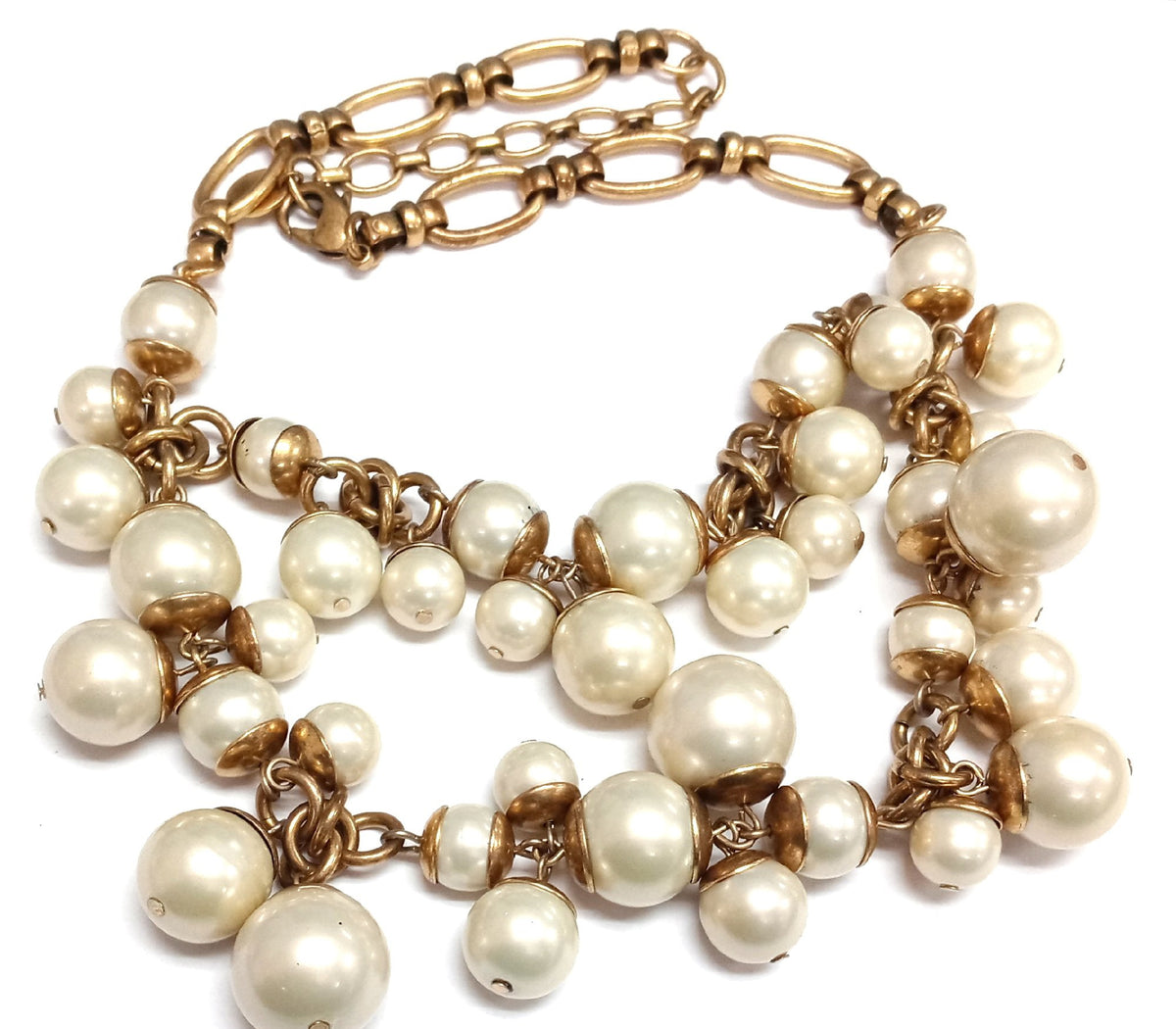 Gold-tone chunky chain bib necklace with clusters of graduated faux pearls, view 2