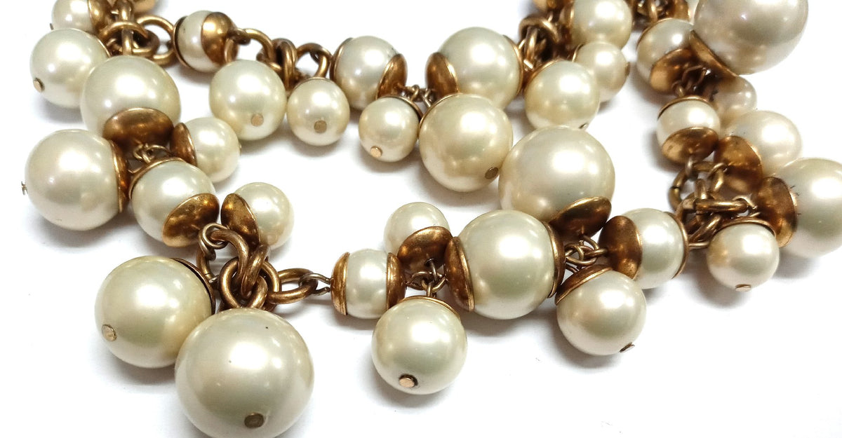 Gold-tone chunky chain bib necklace with clusters of graduated faux pearls, view 3