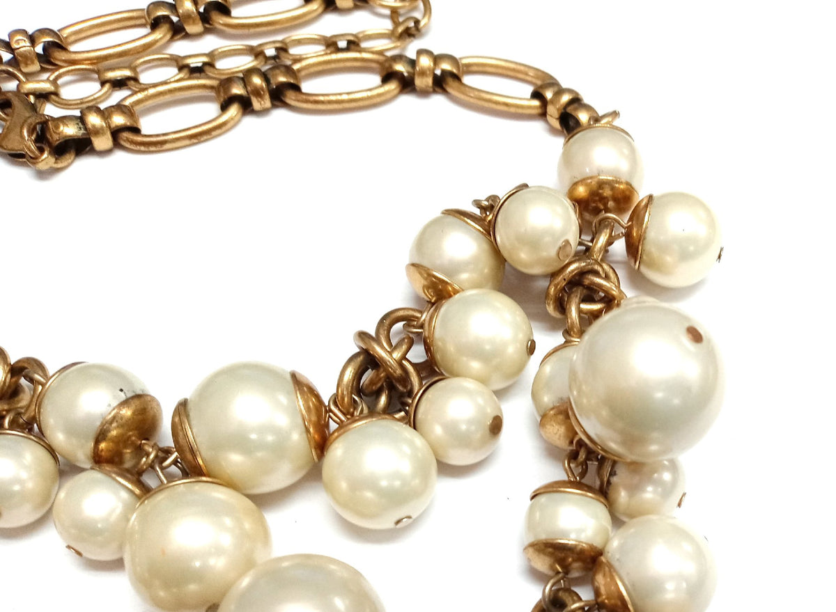 Gold-tone chunky chain bib necklace with clusters of graduated faux pearls, view 4