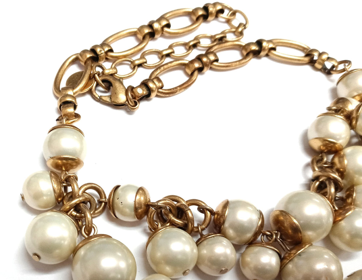 Gold-tone chunky chain bib necklace with clusters of graduated faux pearls, view 5