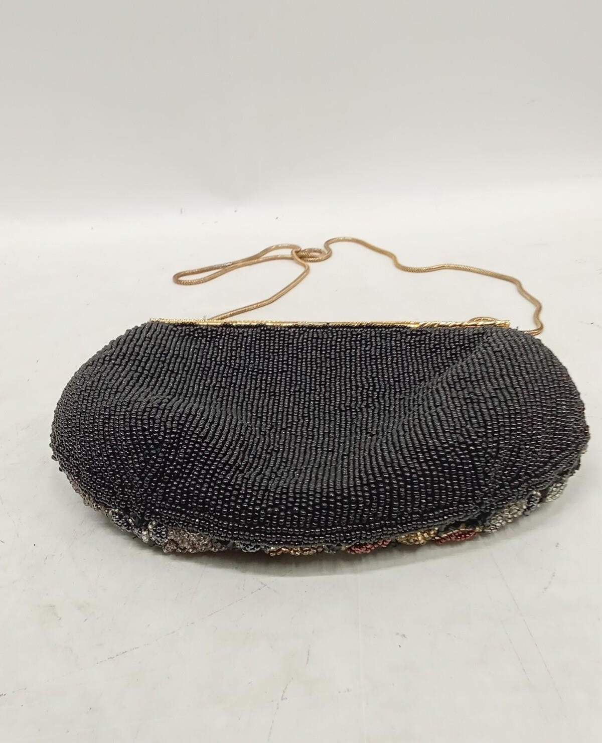Floral beaded evening bag with black beaded back, framed top and gold-tone chain strap, view 2