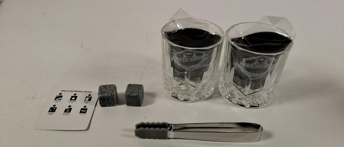 Whiskey stones bar kit with two glasses and accessories in fitted wood-look gift box, view 3