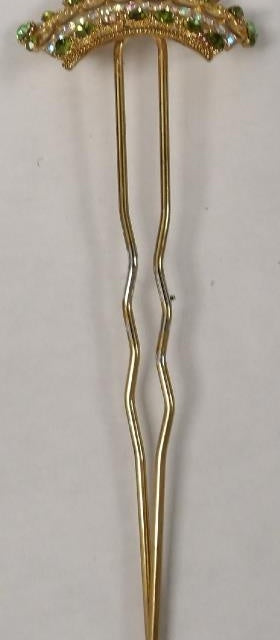 Gold Tone Crown with Green and White Rhinestone Bun Pick