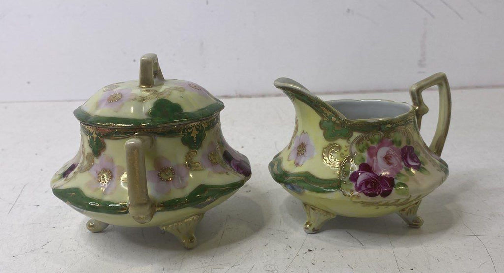 Hand-Painted Floral Footed Porcelain Sugar Bowl & Creamer Set | Vintage Pink Rose Tableware