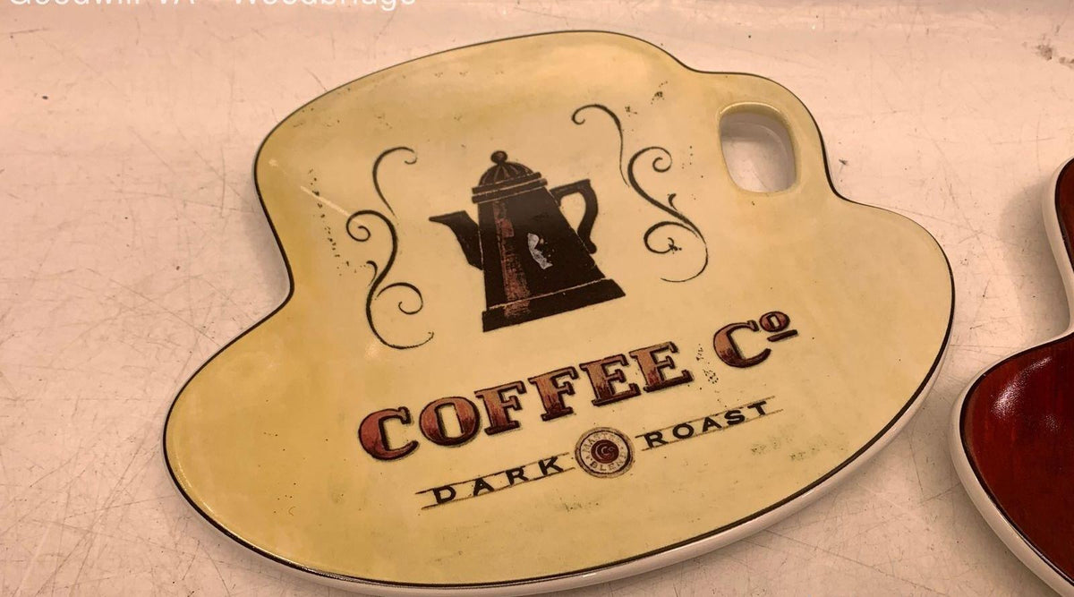 Four coffee cup-shaped earthenware snack trays with cafe lettering, view 2