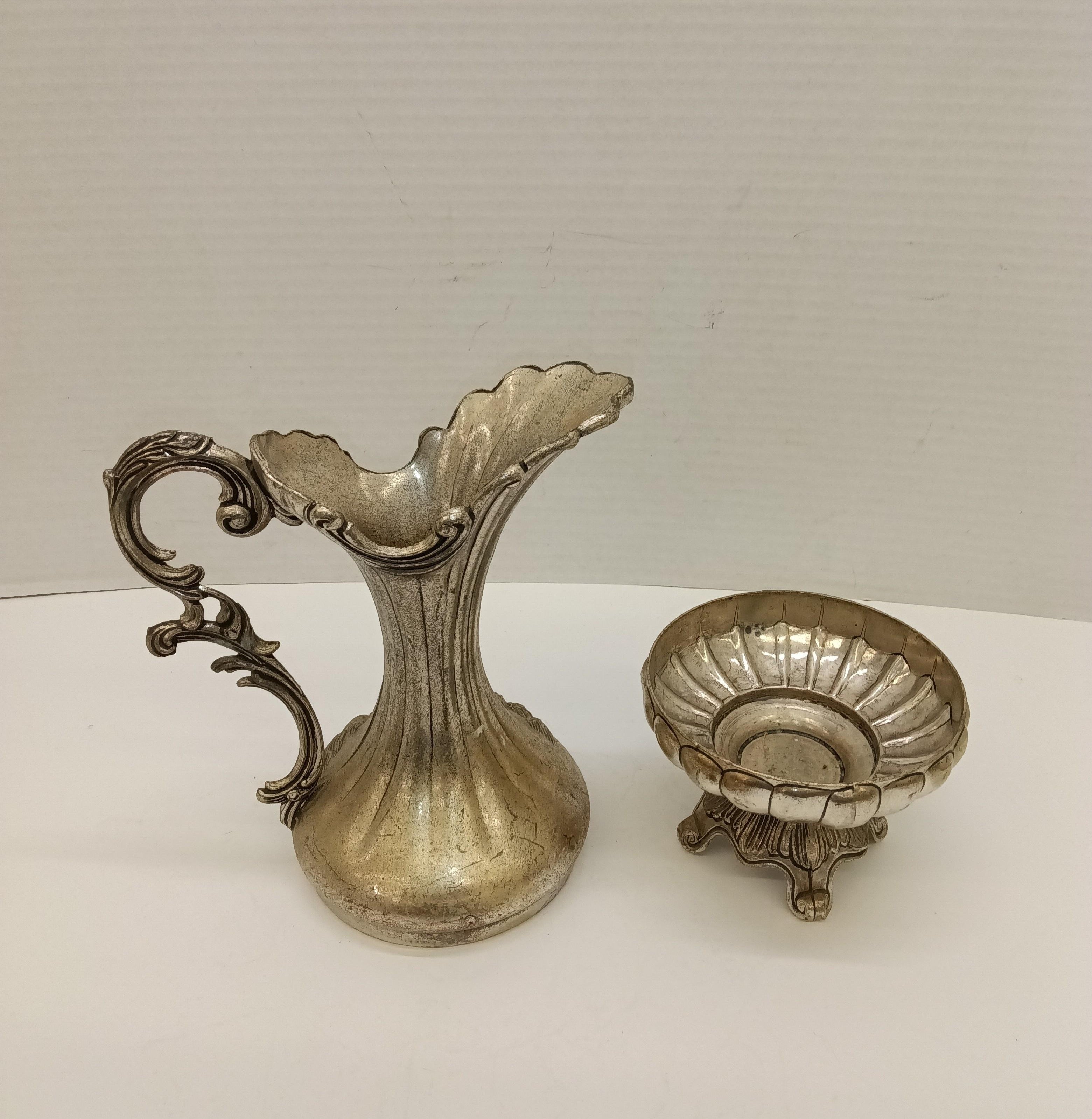 Silver-Tone Ornate Decorative Pitcher with Floral Design - Missing glass insert