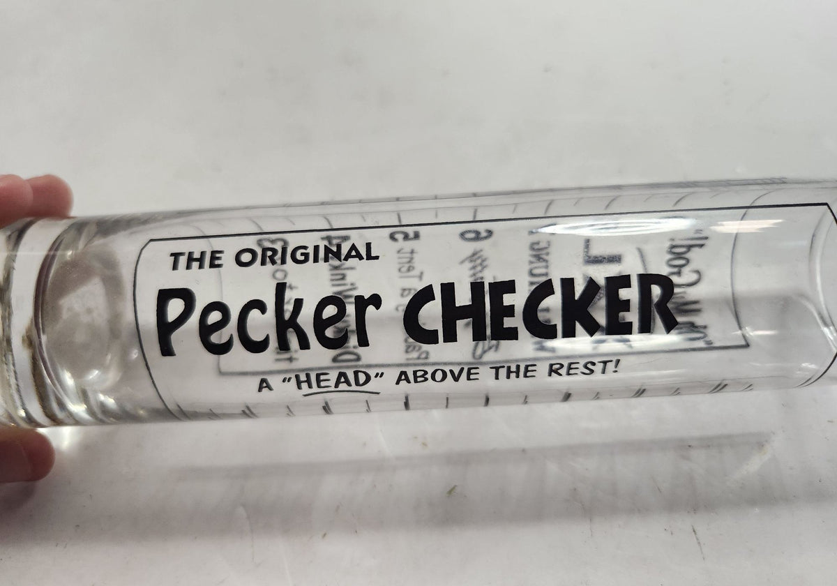 Tall clear novelty shot glass with black Original Pecker Checker printed graphic, view 2
