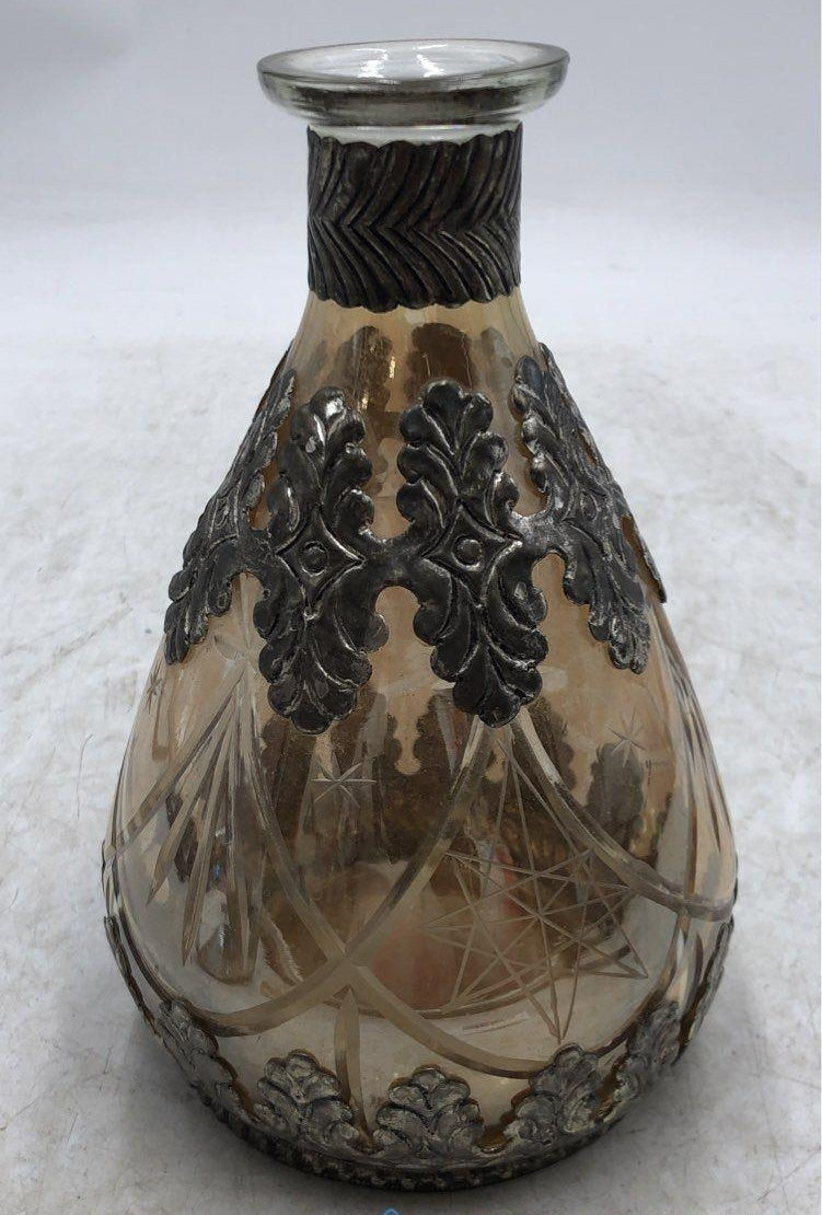 Vintage German Smoky Cut Glass Decanter with Silver Overlay | Heavy Decorative Bottle