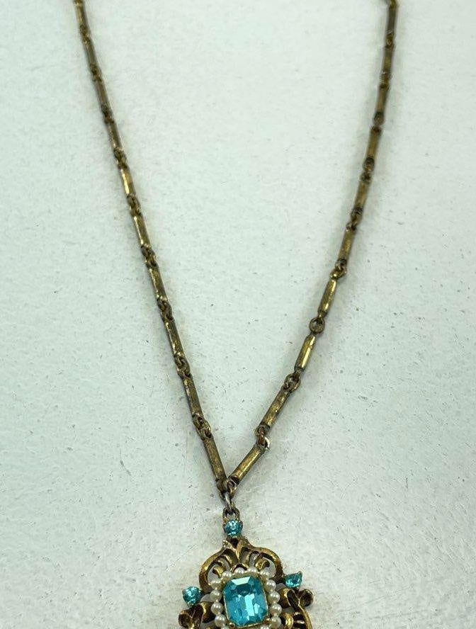 Vintage Gold Tone Faux Seed Pearl & Blue Rhinestone Pendant Necklace | 15" Ornate Floral Necklace