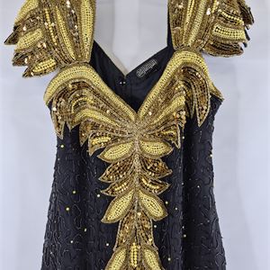 Anjumun black silk evening gown with gold beading and sequins, view 2
