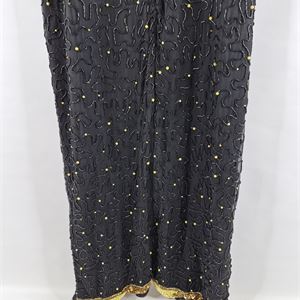 Anjuman Vintage Black Silk Beaded Evening Dress, 1980s/90s Gold Embellished Formal Gown