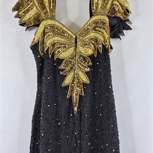 Anjuman Vintage Black Silk Beaded Evening Dress, 1980s/90s Gold Embellished Formal Gown