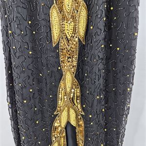 Anjuman Vintage Black Silk Beaded Evening Dress, 1980s/90s Gold Embellished Formal Gown
