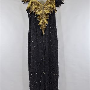 Anjuman Vintage Black Silk Beaded Evening Dress, 1980s/90s Gold Embellished Formal Gown