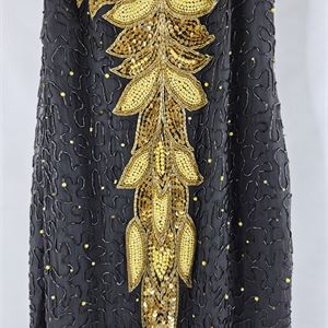 Anjuman Vintage Black Silk Beaded Evening Dress, 1980s/90s Gold Embellished Formal Gown