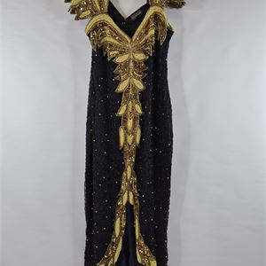 Anjuman Vintage Black Silk Beaded Evening Dress, 1980s/90s Gold Embellished Formal Gown