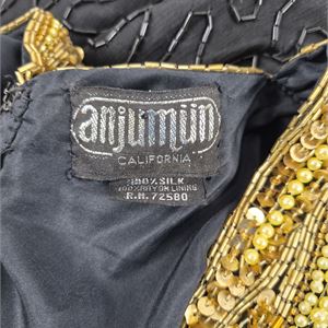 Anjuman Vintage Black Silk Beaded Evening Dress, 1980s/90s Gold Embellished Formal Gown