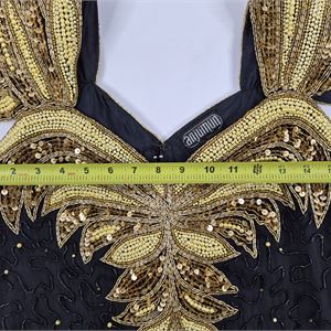 Anjuman Vintage Black Silk Beaded Evening Dress, 1980s/90s Gold Embellished Formal Gown