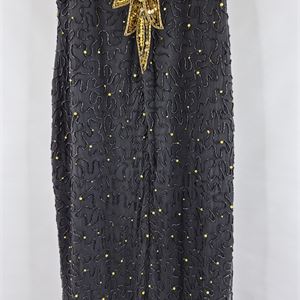 Anjuman Vintage Black Silk Beaded Evening Dress, 1980s/90s Gold Embellished Formal Gown