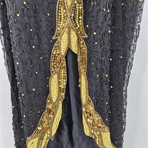 Anjuman Vintage Black Silk Beaded Evening Dress, 1980s/90s Gold Embellished Formal Gown