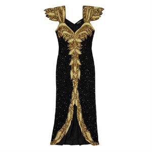 Anjuman Vintage Black Silk Beaded Evening Dress, 1980s/90s Gold Embellished Formal Gown